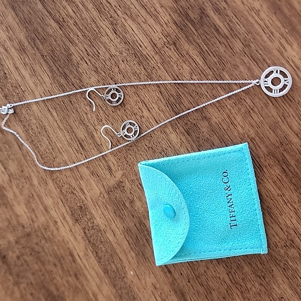 Tiffany & Co. Atlas 925 Sterling Roman Numeral Necklace & Earrings w/Pouch